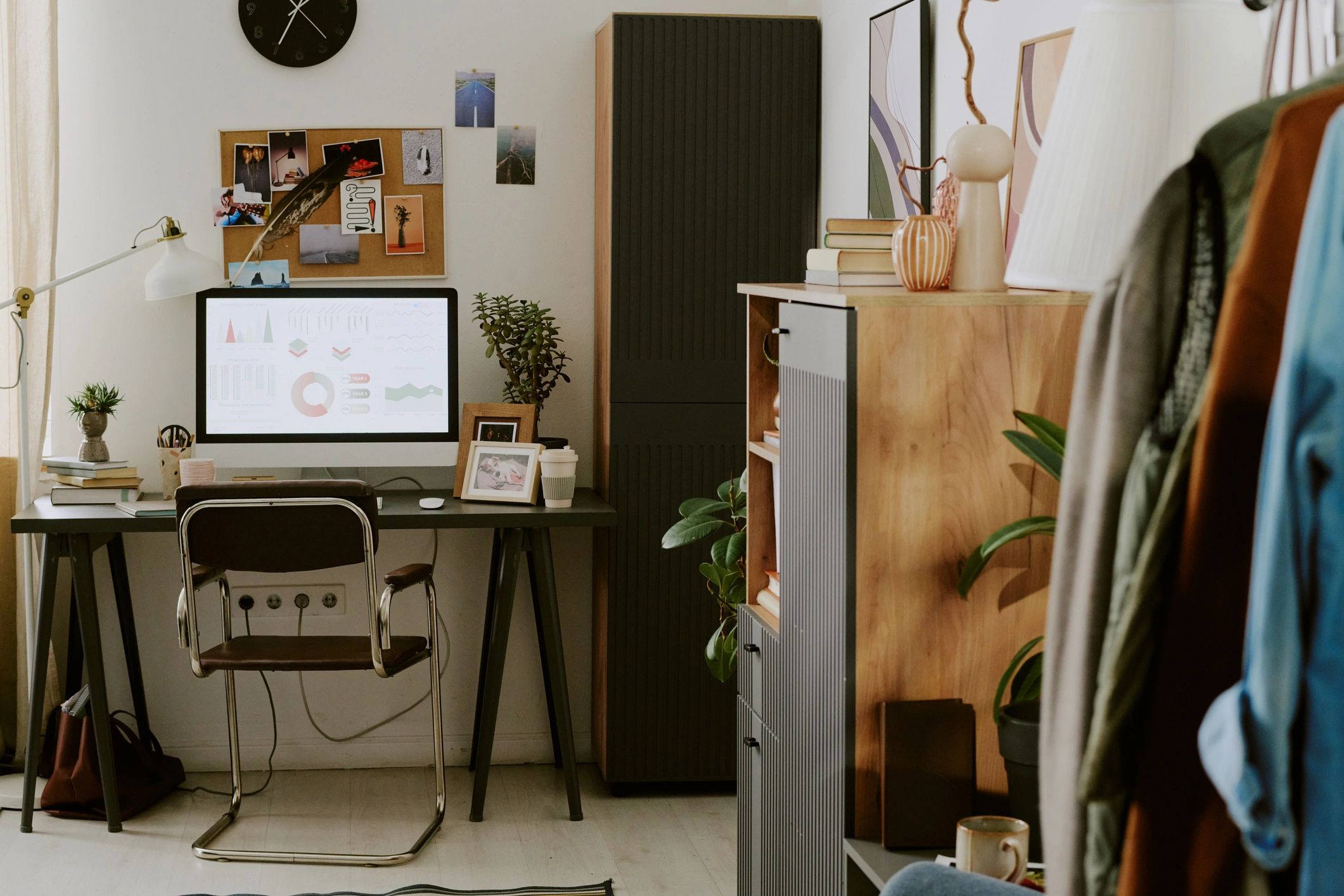 Workspace with financial dashboard and desk setup